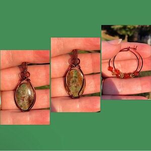 Wire Wrap Reversible Peanut Jasper Set Pendant Necklace Earrings Handmade OOAK